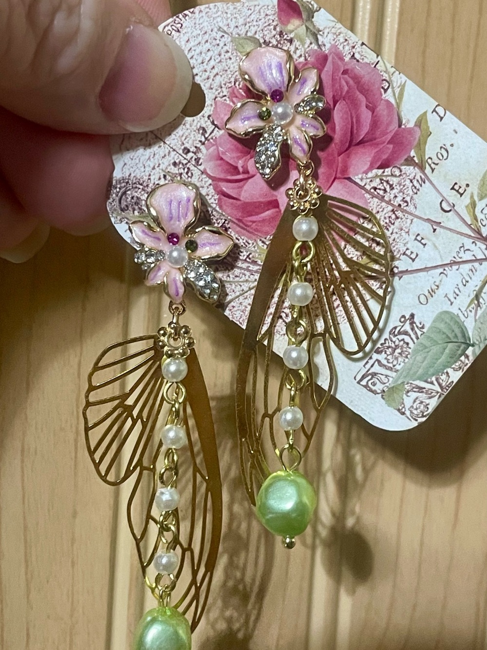 Hand Crafted Fairy Wing Earrings with Pink Flowers and Green Pearl Drops